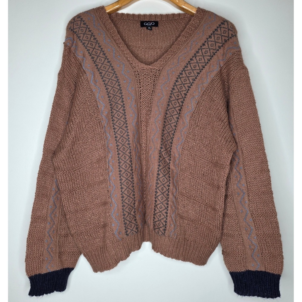 Gigio Aztec Sweater Sz M Cable Knit Slouchy Oversized Boho Grandpa Wool & Mohair